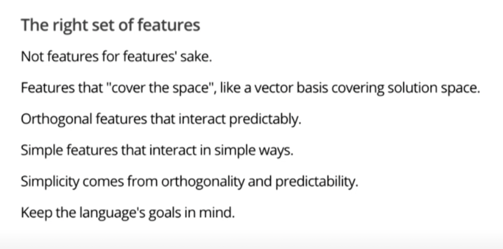 幻灯片上写着：“不是为了特征的特征。“覆盖空间”的特征，例如介绍解决方案空间的矢量基础。正交特征可以预测地相互作用。以简单方式相互作用的简单特征。简单性来自正交性和可预测性。牢记语言的目标。”